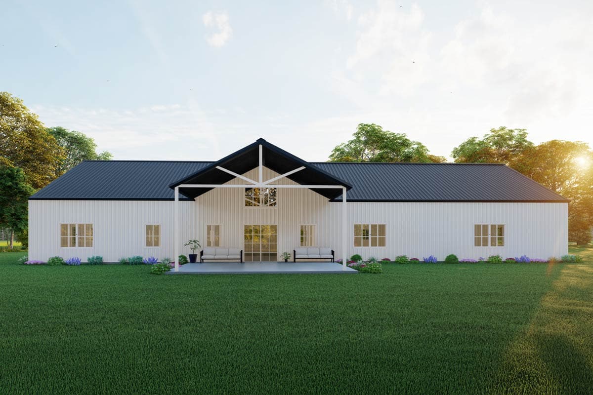 Modern Farmhouse house plan exterior with white board-and-batten siding, black metal roof, and covered porch with large windows.