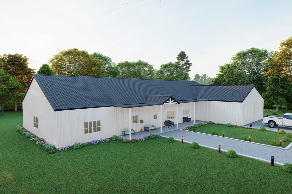 Modern Farmhouse house plan exterior with a single story, white vertical siding, dark metal roof, front porch, and attached two-car garage.
