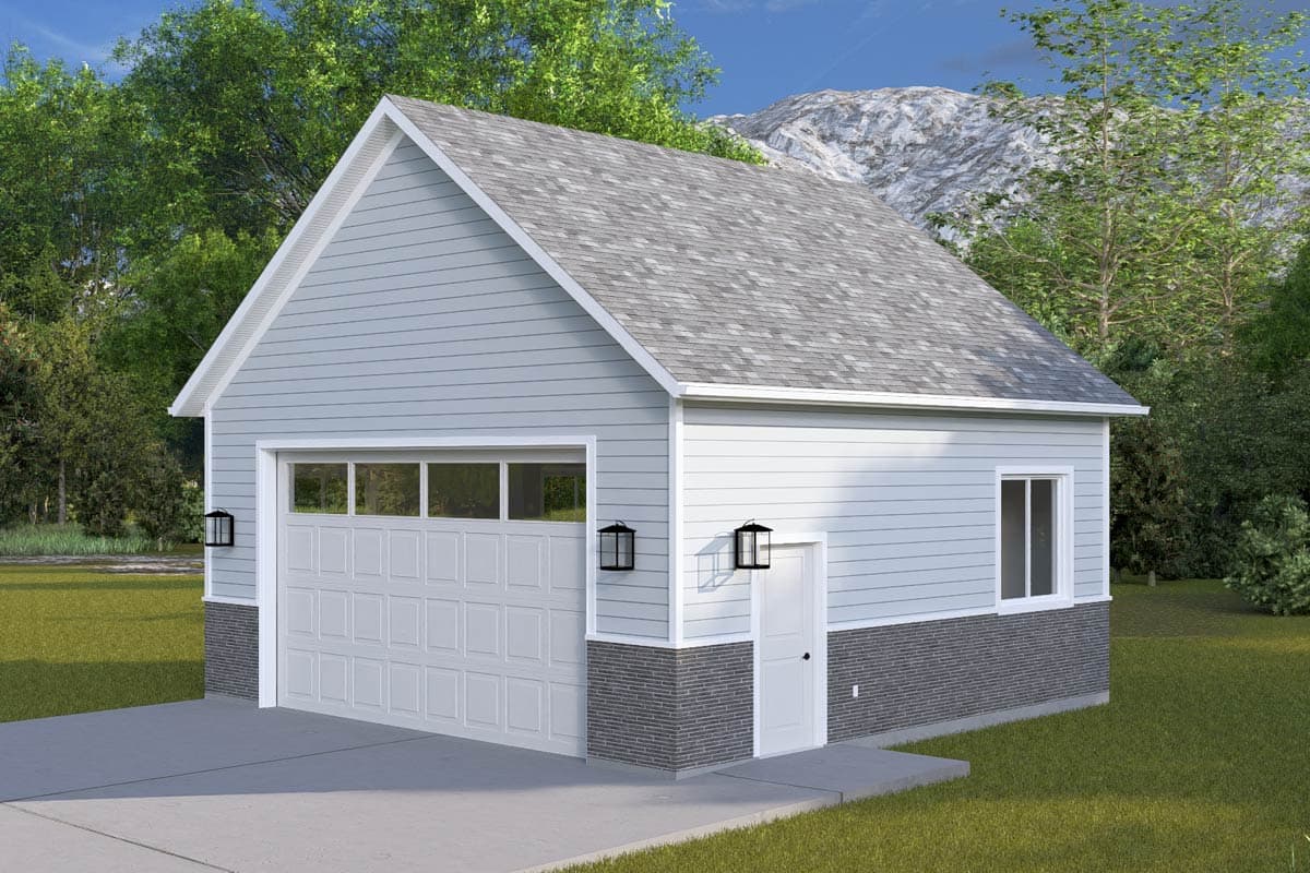 Garage plan exterior with gray siding, white garage door with windows, and dark brick foundation.