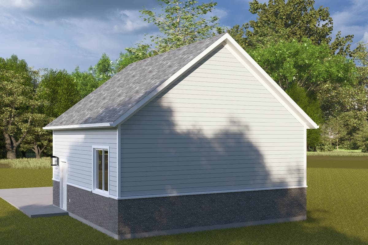 House plan exterior rendering with a gable roof, vinyl siding, and a stone foundation. Features a single window and exterior light.