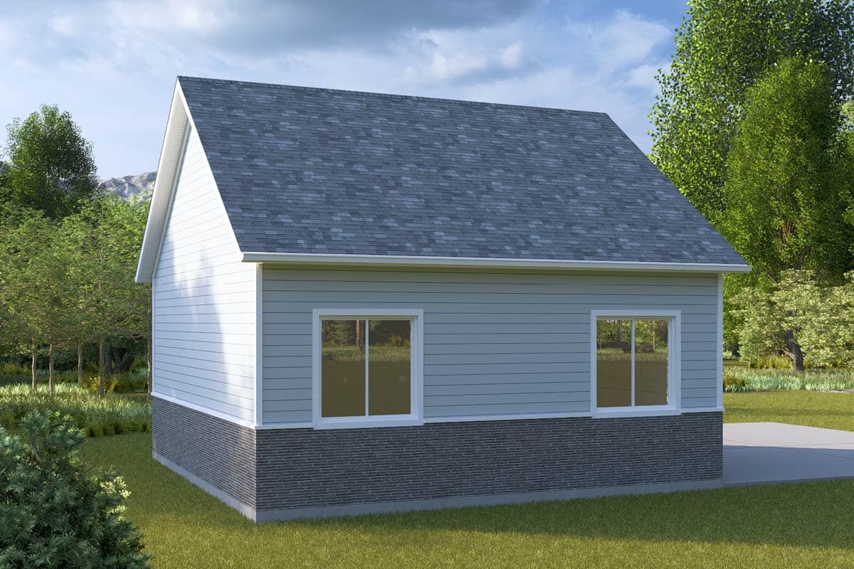 House plan exterior: Gable roof, horizontal siding, stone foundation, two windows.