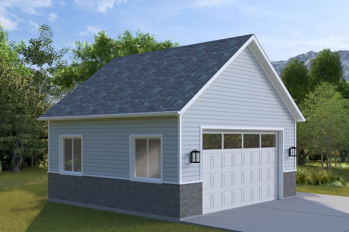 House plan exterior: One-story structure with pitched roof, vinyl siding, brick base, two windows, and a multi-pane garage door.