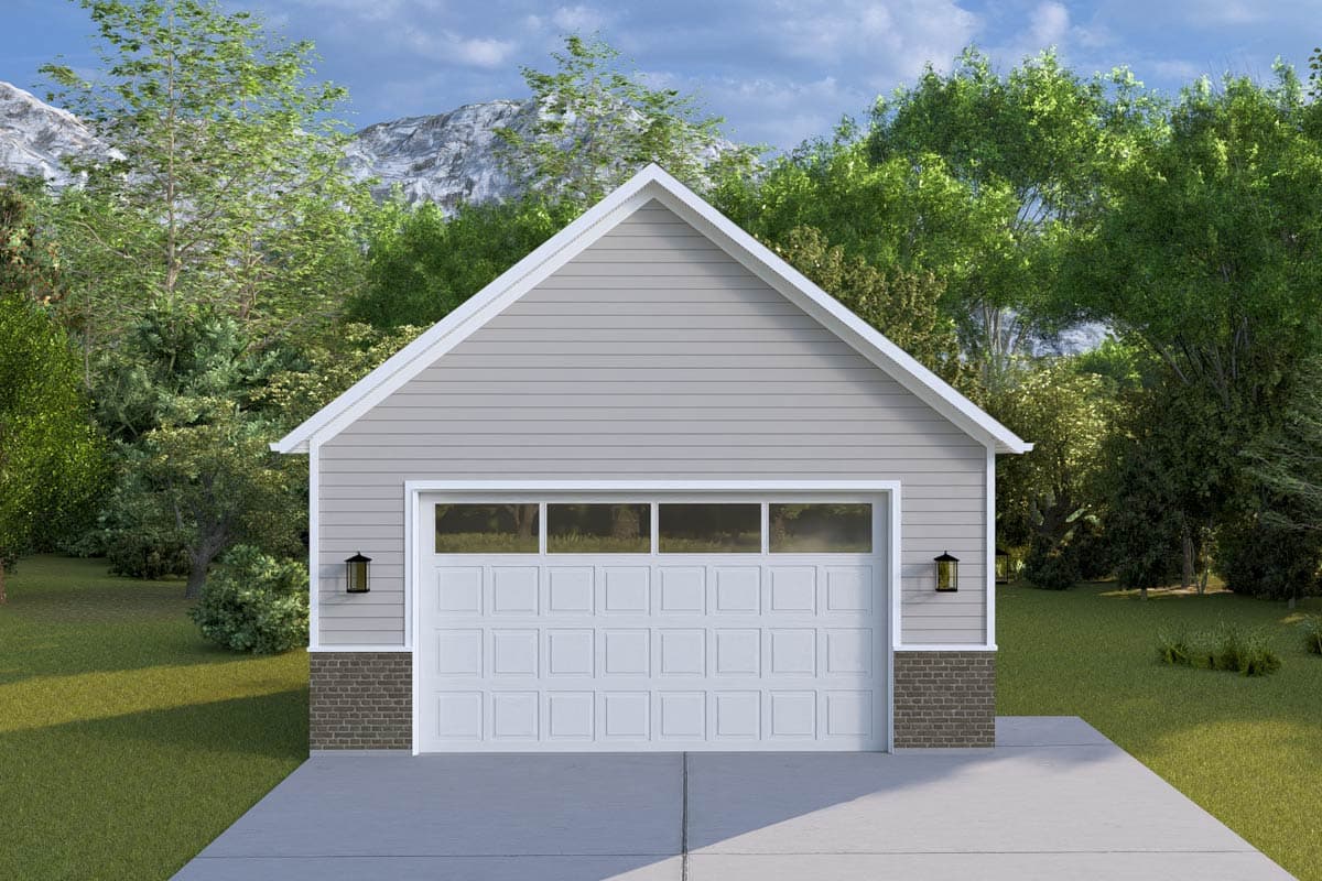 House plan exterior of a 1-story garage with a gable roof, white paneled door, and brick base.