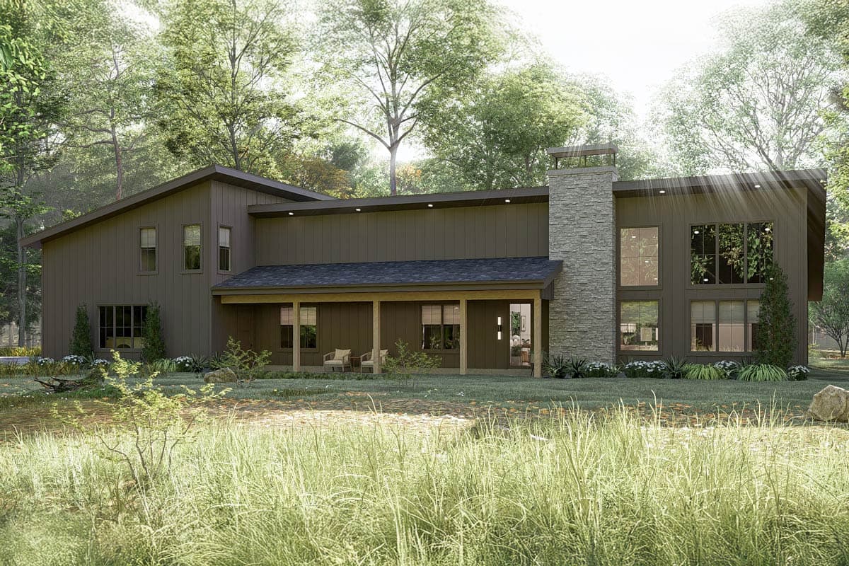 House plan exterior. Modern style, one story. Features include a covered porch, stone chimney, and flat roofline.