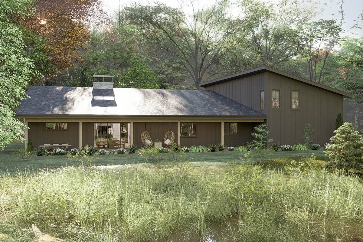 House plan exterior: Modern single-story home with a covered porch, prominent chimney, and dark siding.