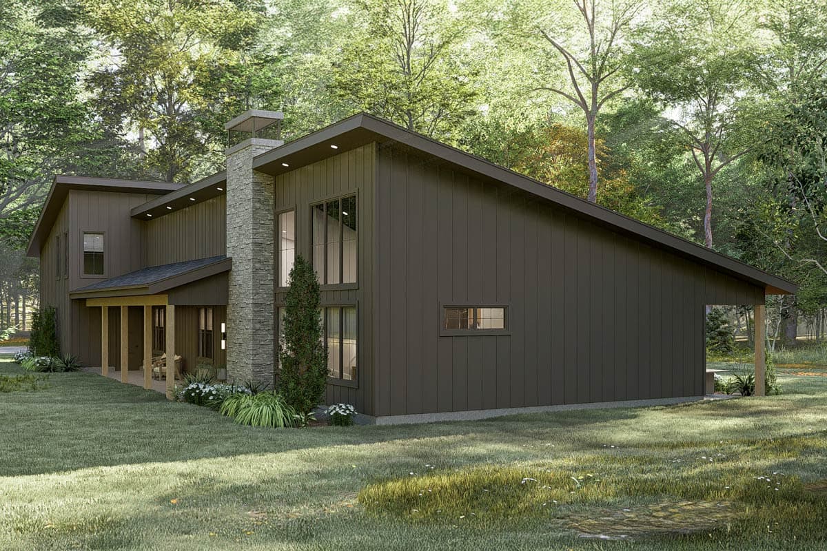 House plan exterior with a modern aesthetic, featuring vertical siding, a prominent stone chimney, and a covered porch.