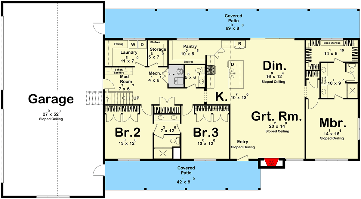 Plan 623510DJ: 4-Bedroom  Contemporary Barndominium House Plan with Second Level Living Room- 2944 Sq Ft - Floor Plan - Main Level - Barndominium, Contemporary