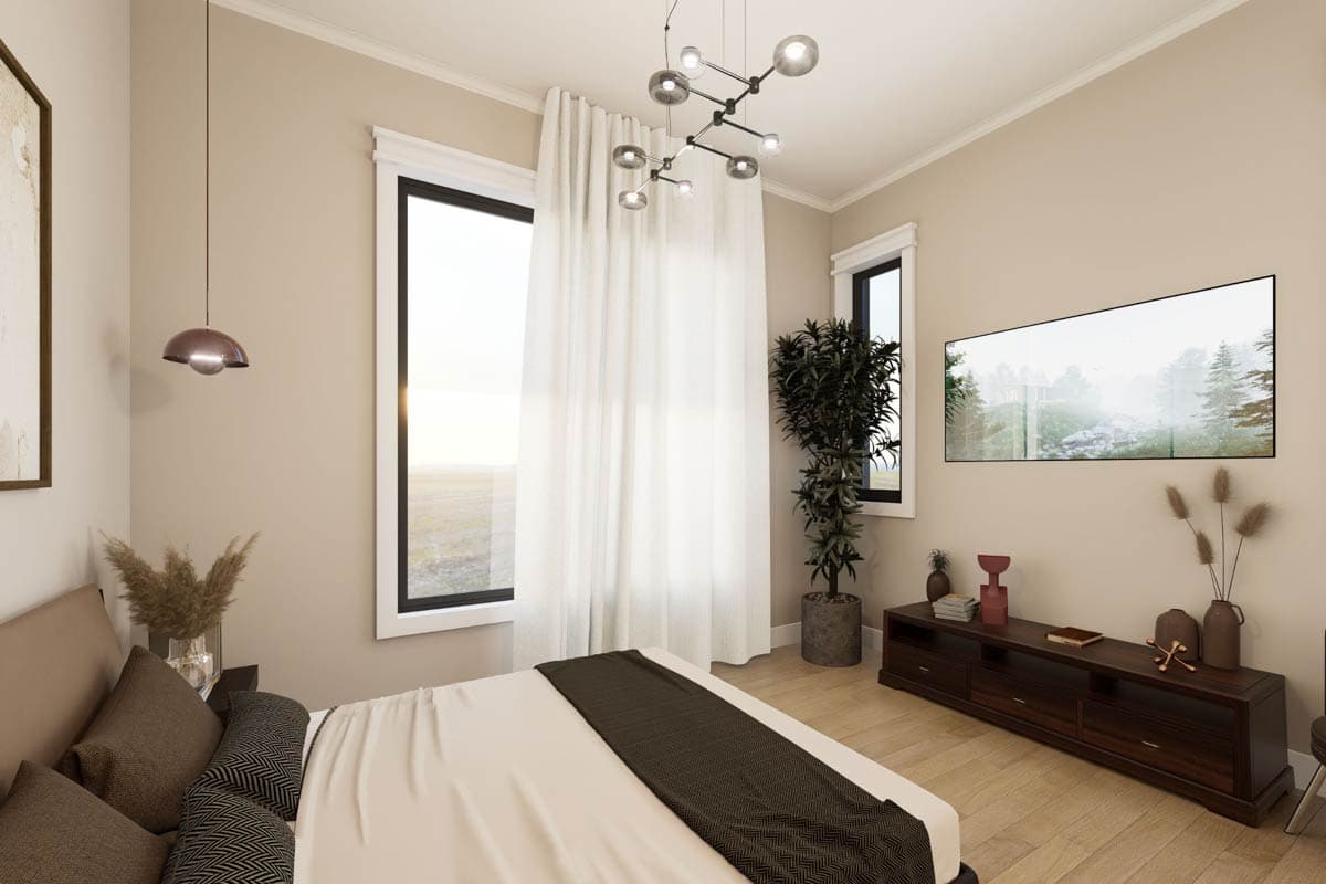 Bedroom rendering with large windows, a floor-to-ceiling entertainment unit, and modern ceiling lights.