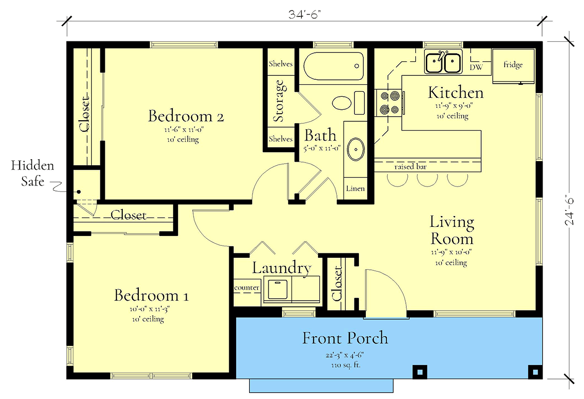 Plan 833059WAT: 2-Bed ADU Country Cottage House Plan Under 750 Sq Ft - Floor Plan - Main Level - Cottage, Country, New American, Ranch
