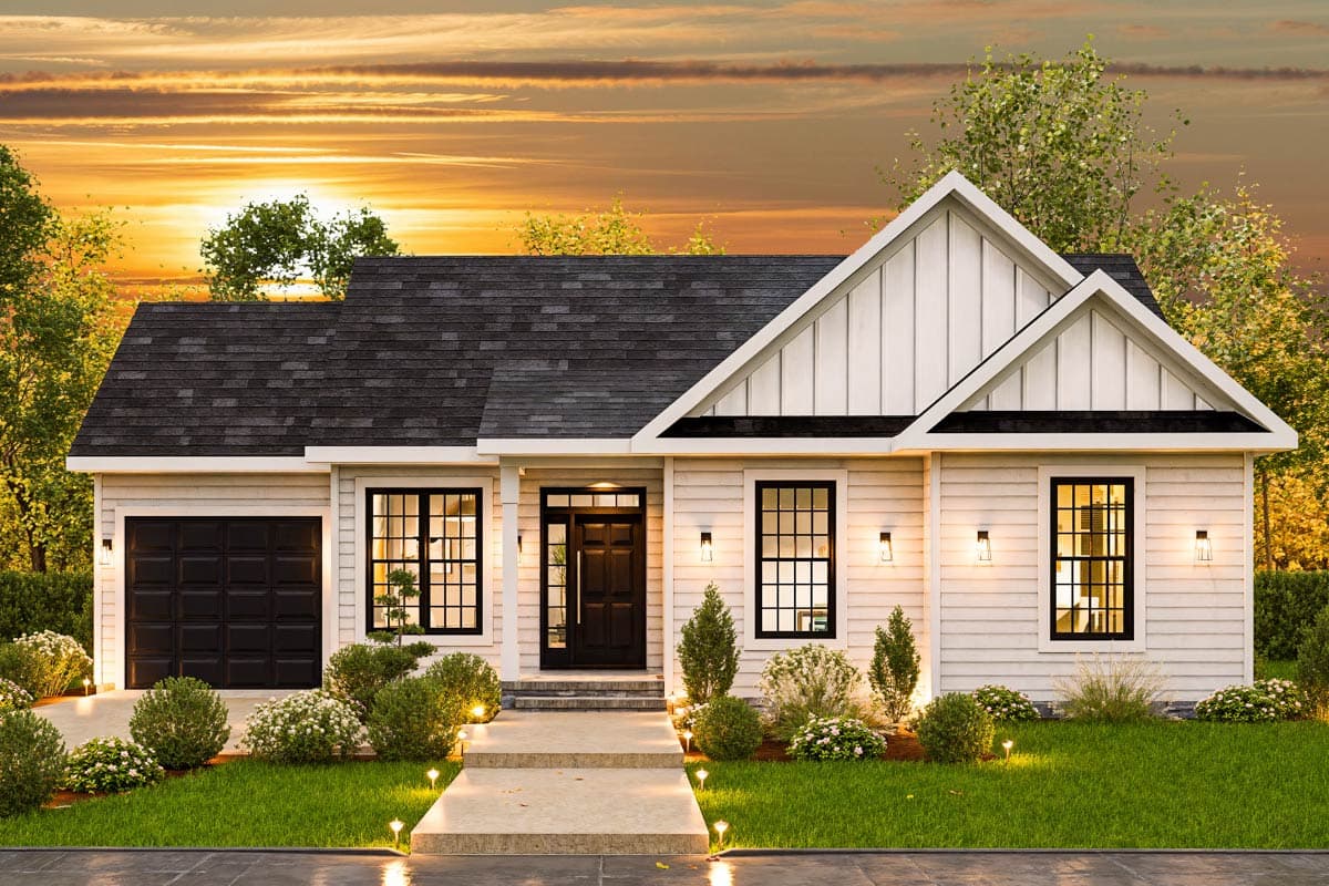 House plan exterior with gable roof, board and batten gables, and attached garage. Includes front porch and numerous windows.