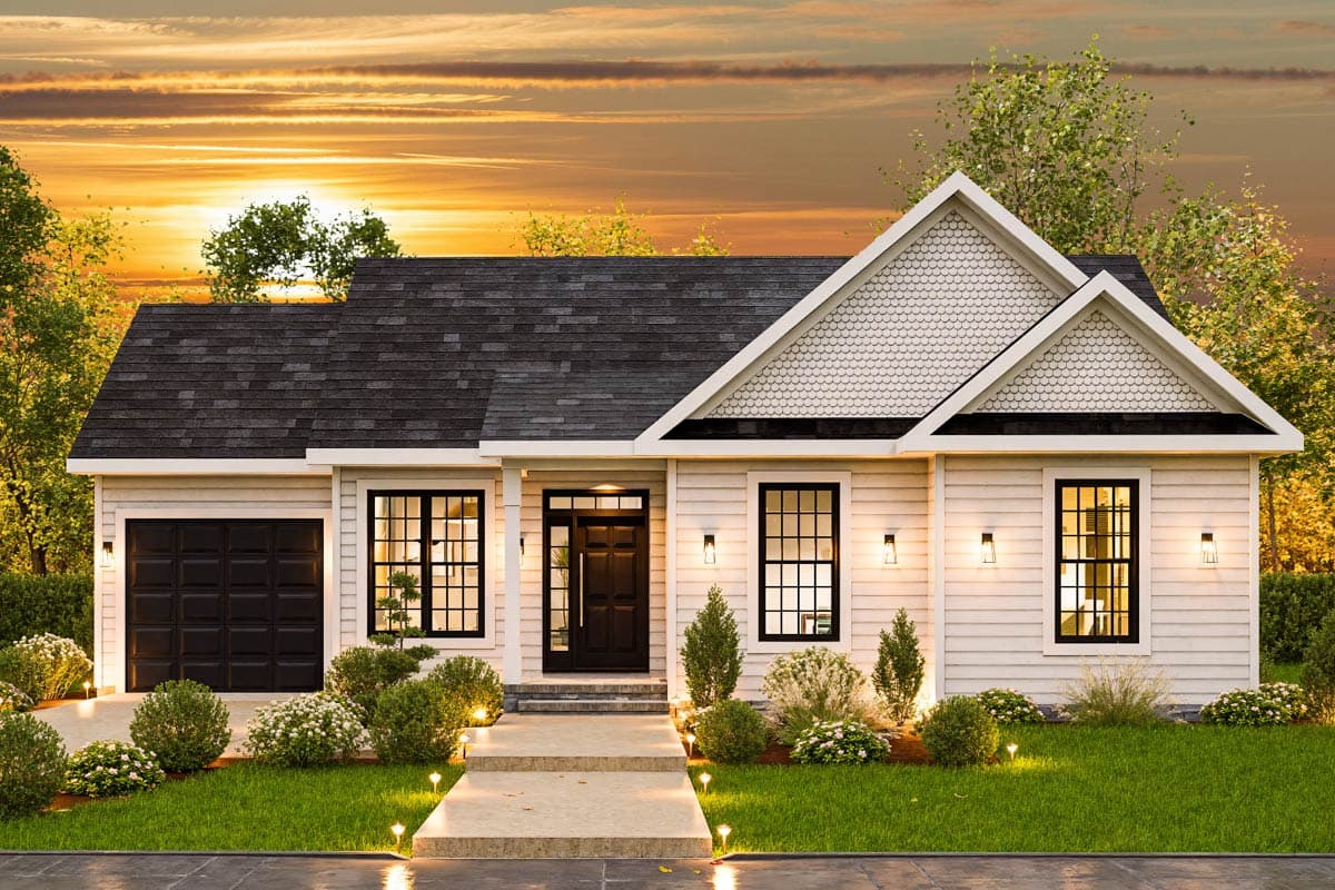 Modern Farmhouse house plan exterior with gable dormers, a covered front porch, and an attached garage.