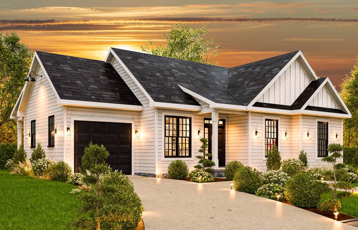 Ranch house plan exterior with one-car garage, multiple gables, and covered entry.