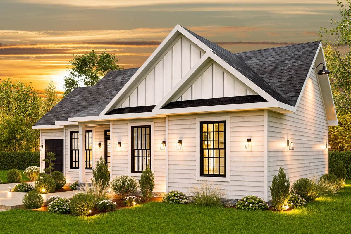 Modern Farmhouse house plan exterior with a prominent gable, lap siding, and attached garage.