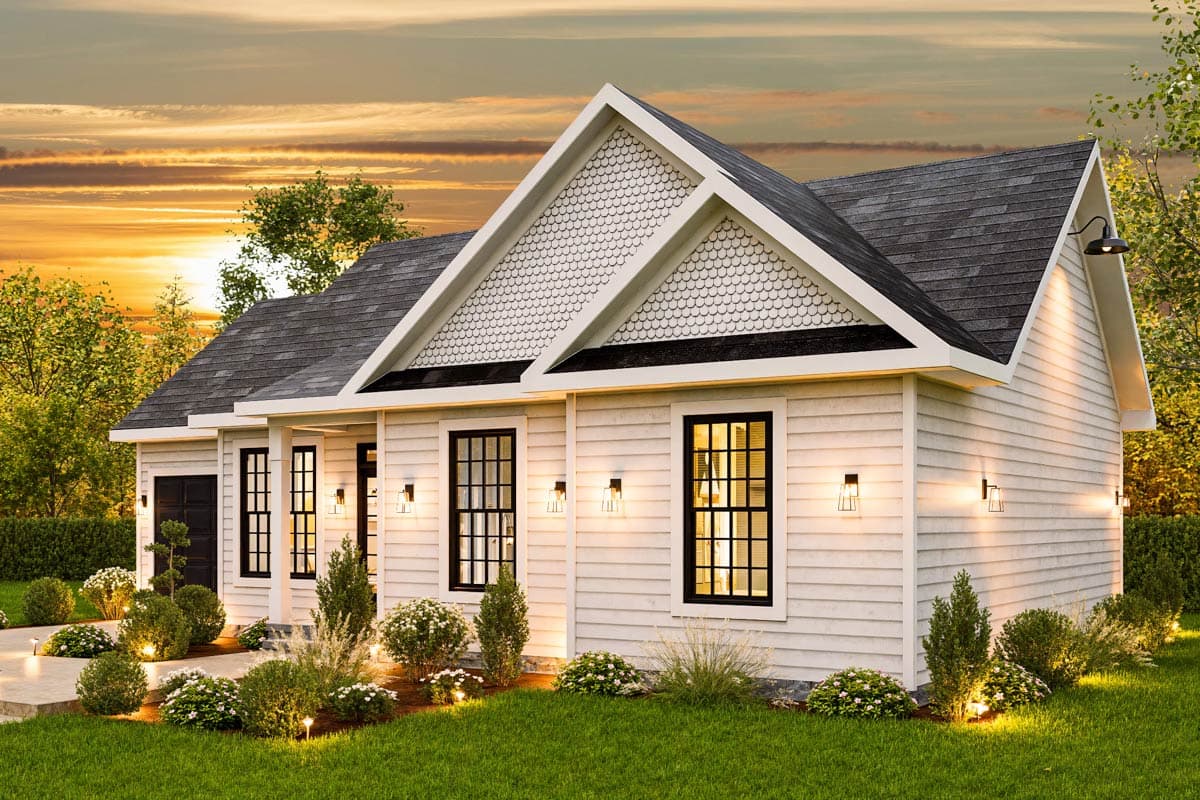 House plan exterior: Ranch style, one story, white siding, prominent gable with decorative shingles, dark-trimmed windows, attached garage.