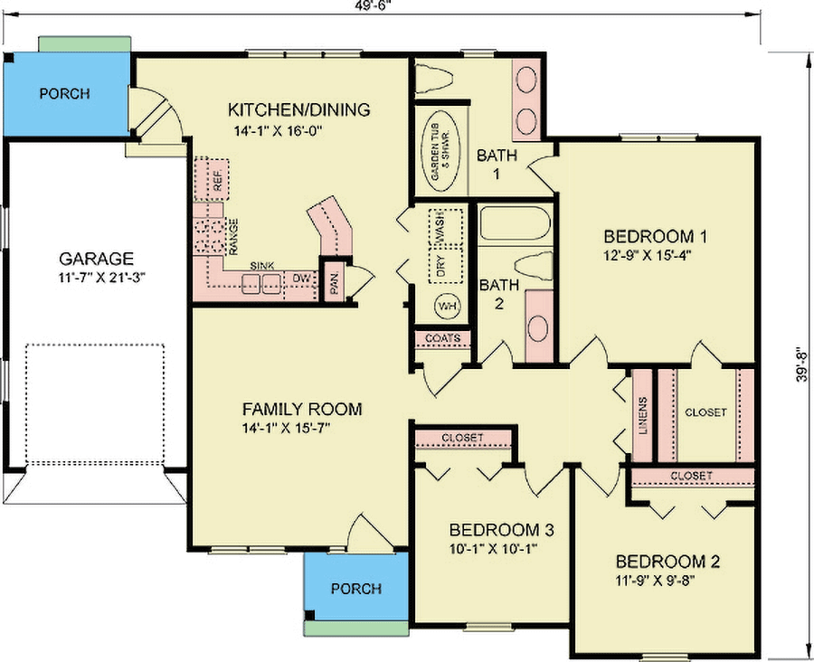Plan 25861GE: 3-Bed Country Ranch House Plan with Closed Floor Plan - 1310 Sq Ft - Floor Plan - Main Level - Country, Ranch