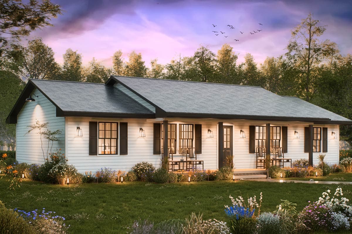 Ranch style house plan exterior with a low-pitched roof, wide front porch with columns, and multiple windows.