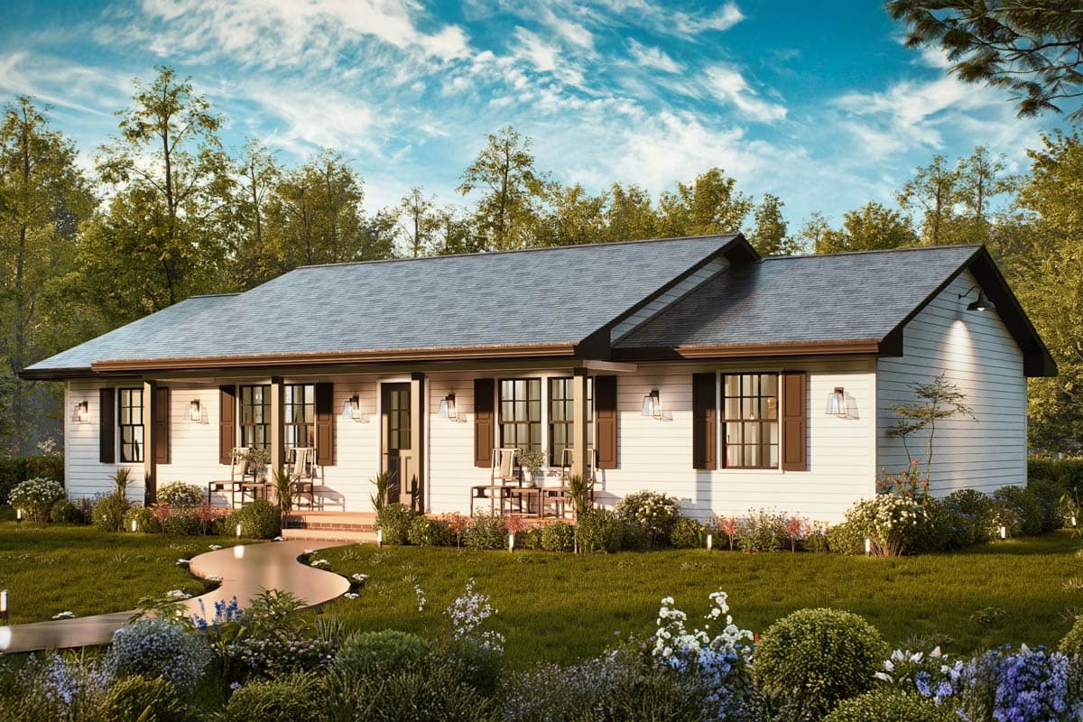 Ranch house plan exterior with a covered front porch, multiple gables, and white horizontal siding.