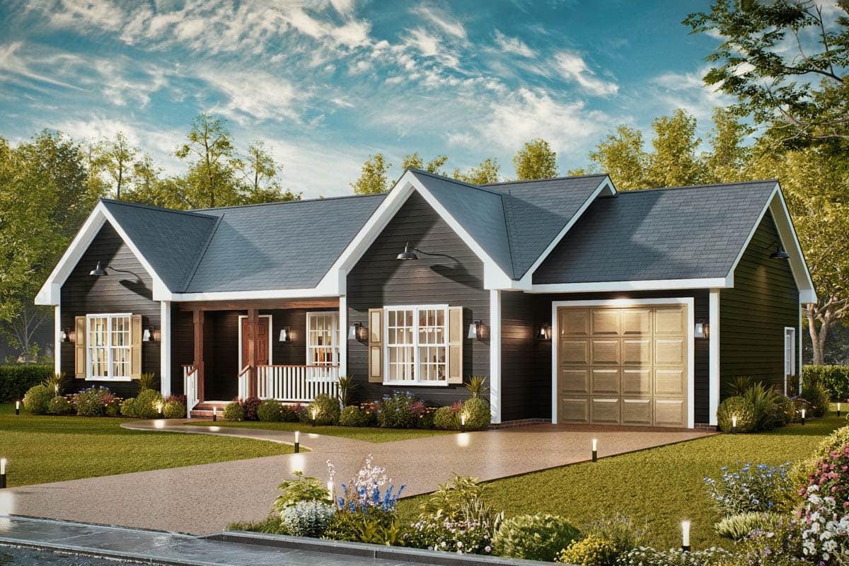 House plan exterior. Ranch style with gabled roof, front porch, and attached garage. Includes shutters and exterior lighting.