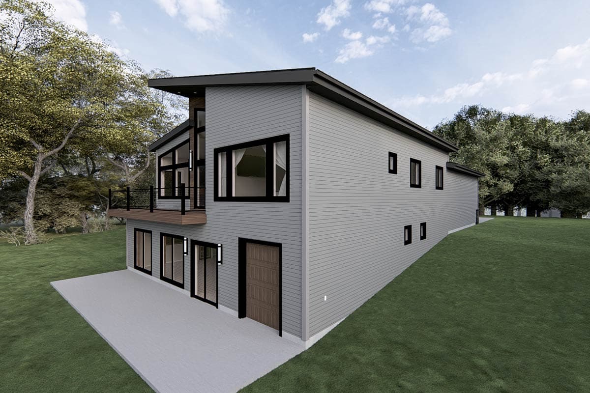 Modern house plan exterior with a sloped roof, large windows, a balcony, and a garage.