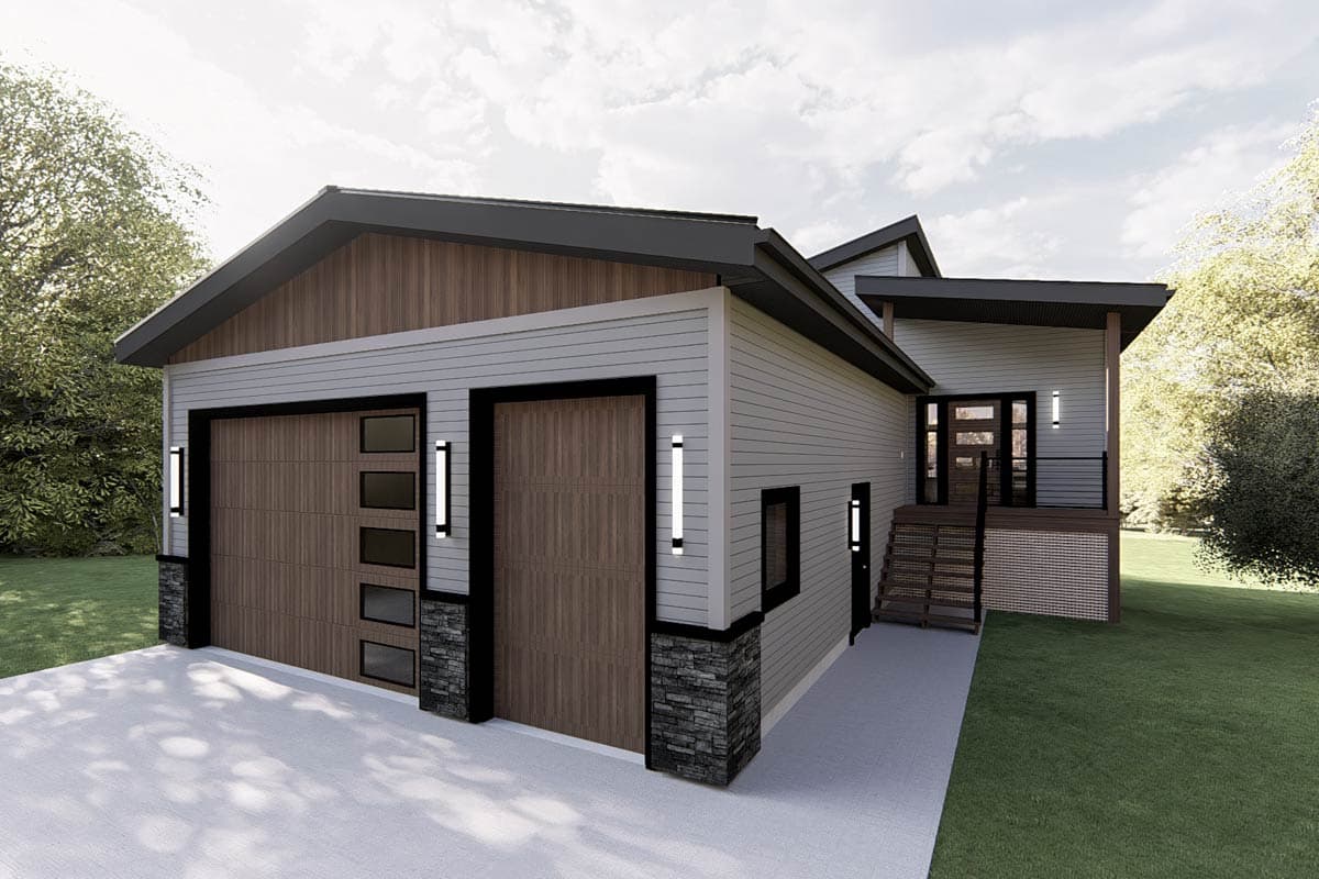 Modern house plan exterior with two garage doors, sloped rooflines, wood and stone accents, and a raised entrance.