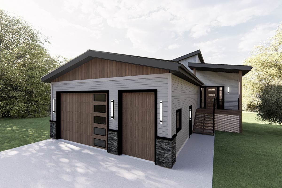 House plan exterior with two-car garage, modern rooflines, and a raised entry porch with glass railings.