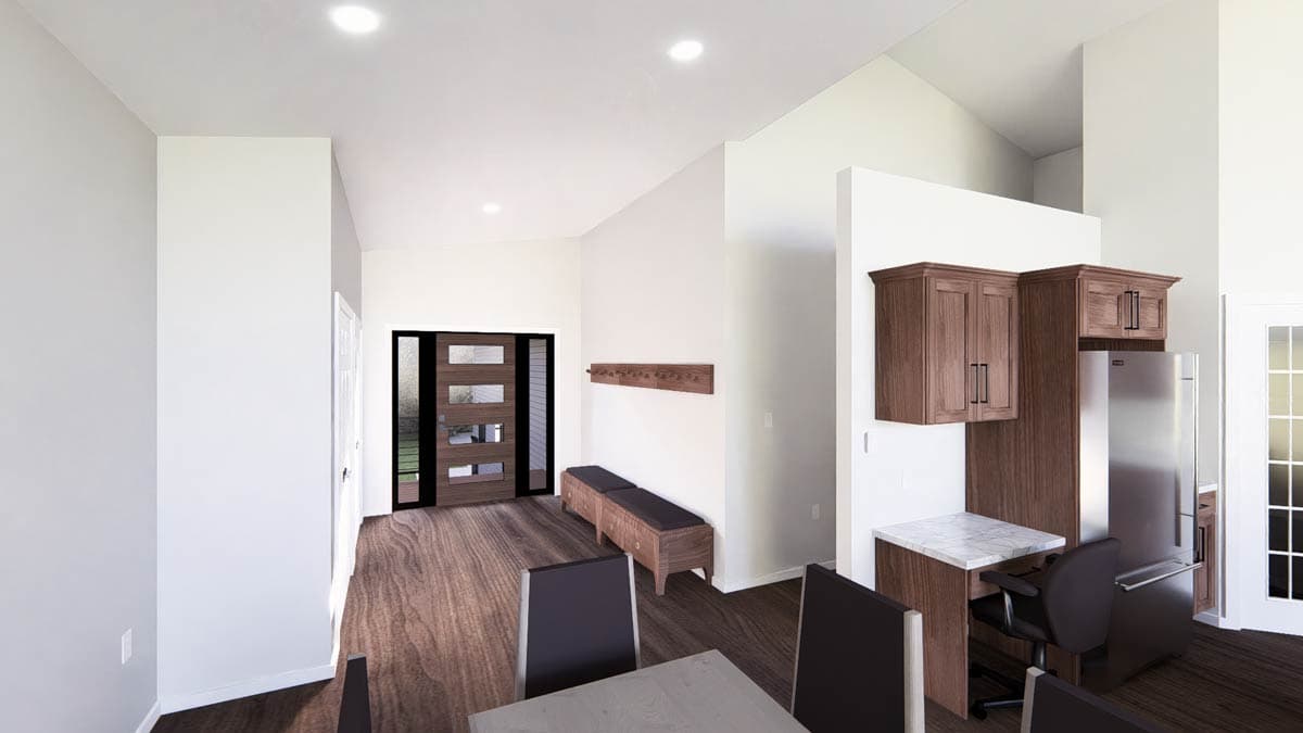 Interior rendering showing an open layout with a modern entry door, wood cabinets, stainless steel refrigerator, and vaulted ceiling.