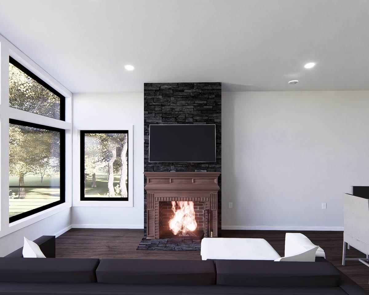 Living room rendering with stone fireplace, wood mantel, large corner windows, and recessed lighting.