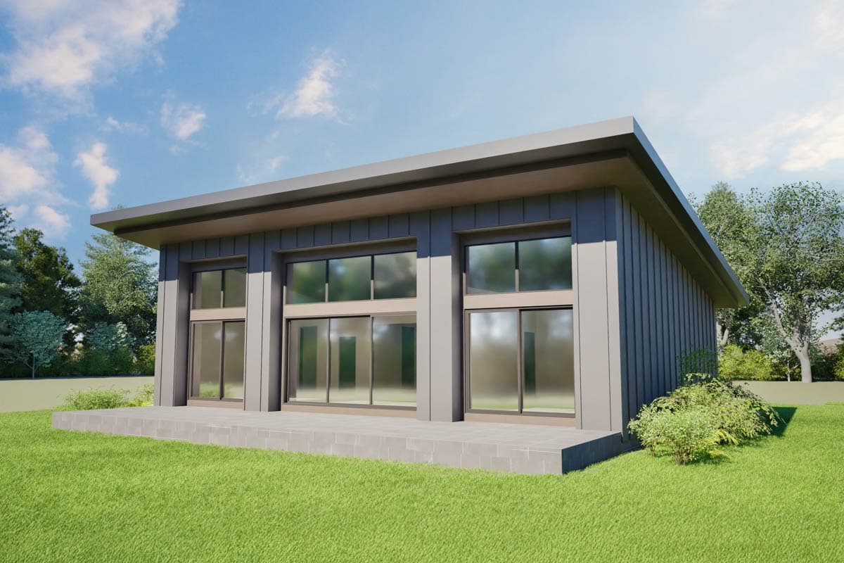 House plan exterior. Modern style, single-story home with a flat roof and large windows. Includes a raised porch and vertical siding.