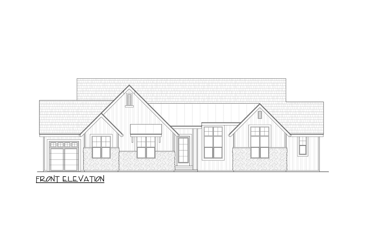 Front elevation house plan with asymmetrical gables, stone skirting, multiple windows, and attached garage.