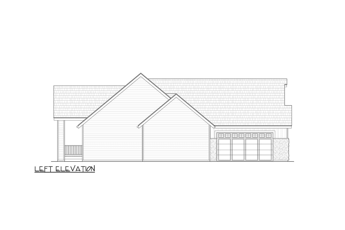Left elevation house plan showing a gable roofline, covered porch, and attached garage with stone base.