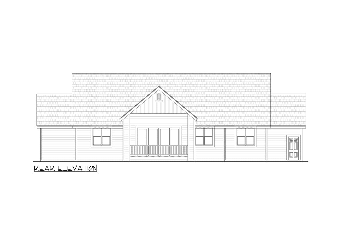 Rear elevation drawing of a one-story house plan with a central gable, porch, multiple windows, and an attached garage.