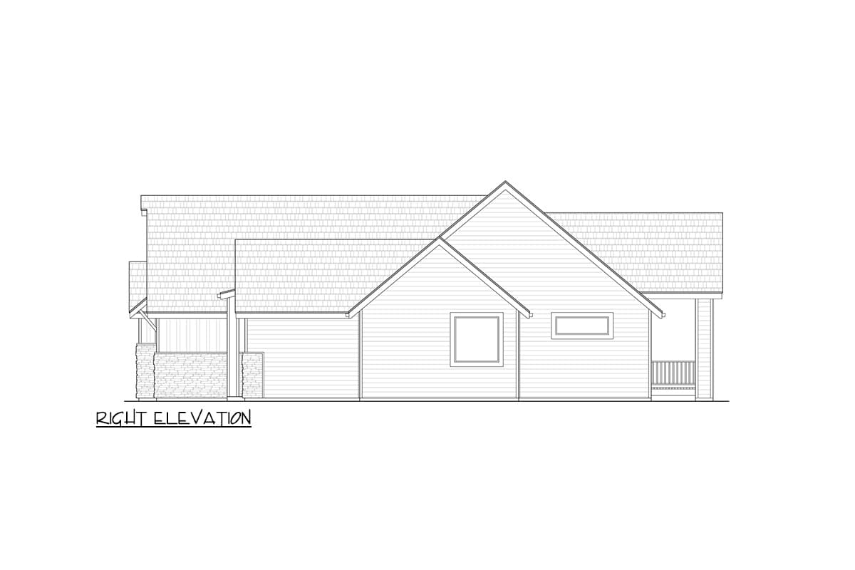 Right elevation drawing of a single-story house with gabled roof, stone accents, covered porch, and garage.