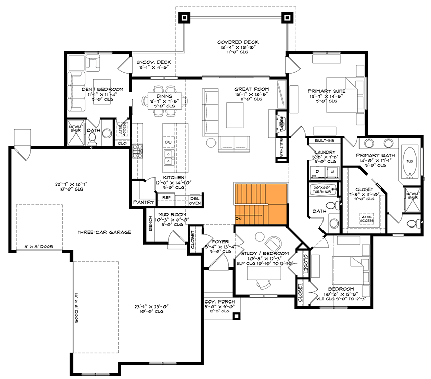 Plan 520034RKY: 3 or 4 Bed Mountain Ranch House Plan with Den and Study - 2007 Sq Ft - Floor Plan - Basement Stairs Location - Craftsman, Mountain, New American, Ranch
