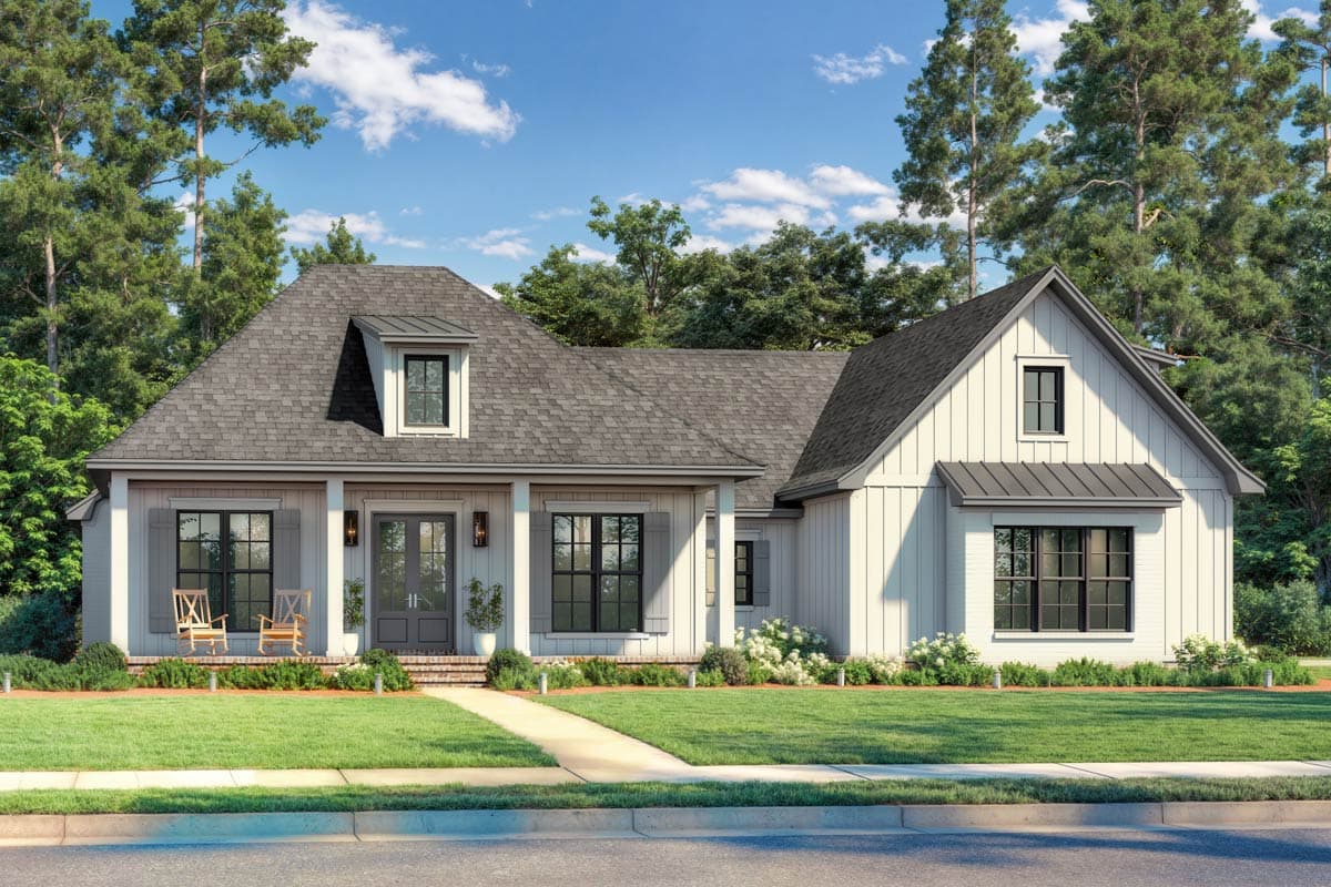 Modern Farmhouse house plan exterior with a prominent gable, dormer window, covered porch with columns, and board and batten siding.