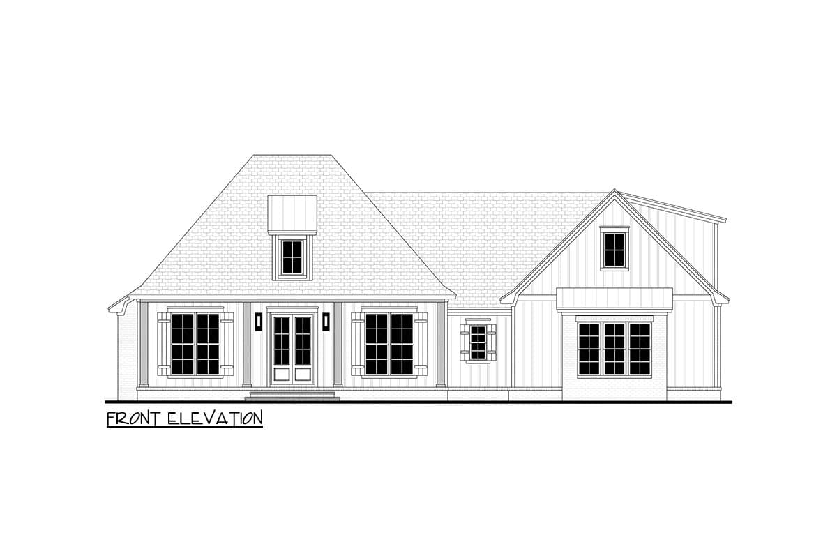 Front elevation drawing of a one-story house plan with a prominent dormer, covered porch, and mixed rooflines.