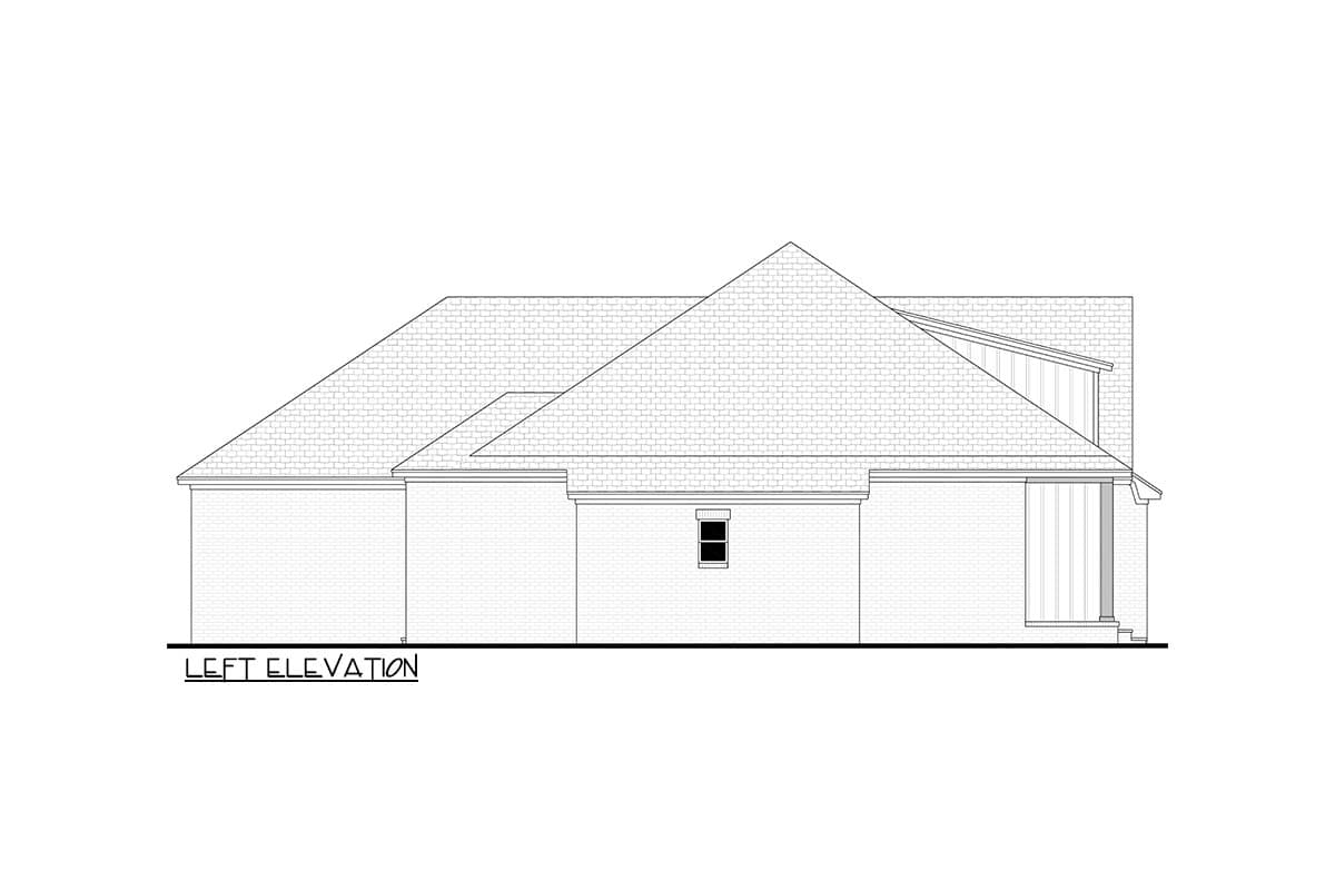 Left elevation house plan drawing showing brick facade, a gable roof, and a covered porch.