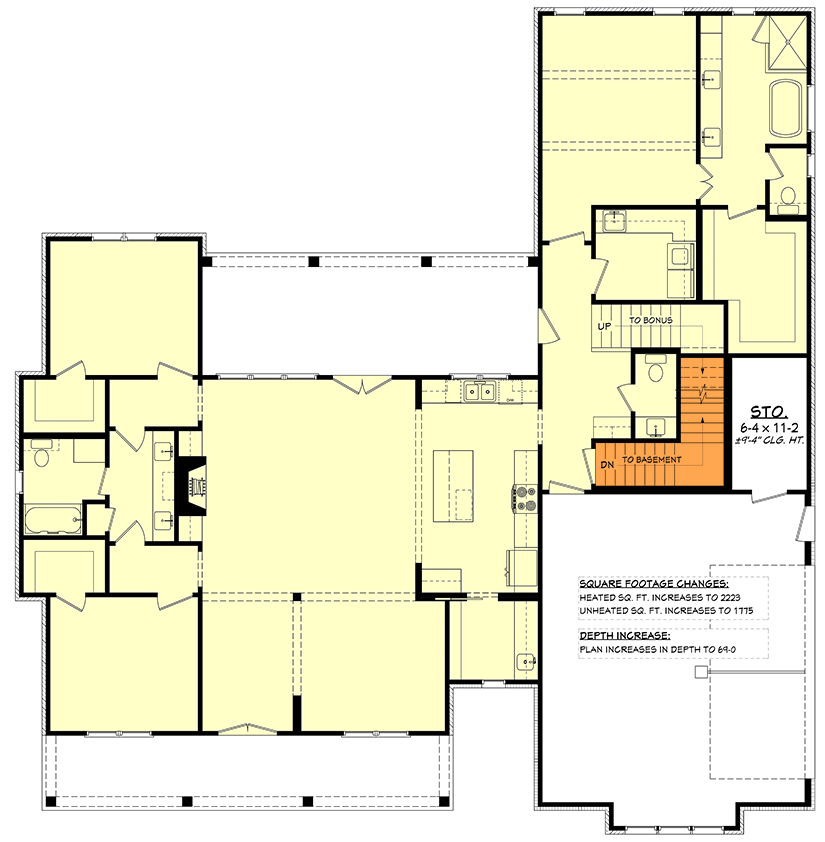 Plan 52001HZ: 3-Bed Modern French Country House Plan with Optionally Finished Bonus Room Above - 2200 Sq Ft - Floor Plan - Basement Stairs Location - Acadian, French Country, Southern, Transitional