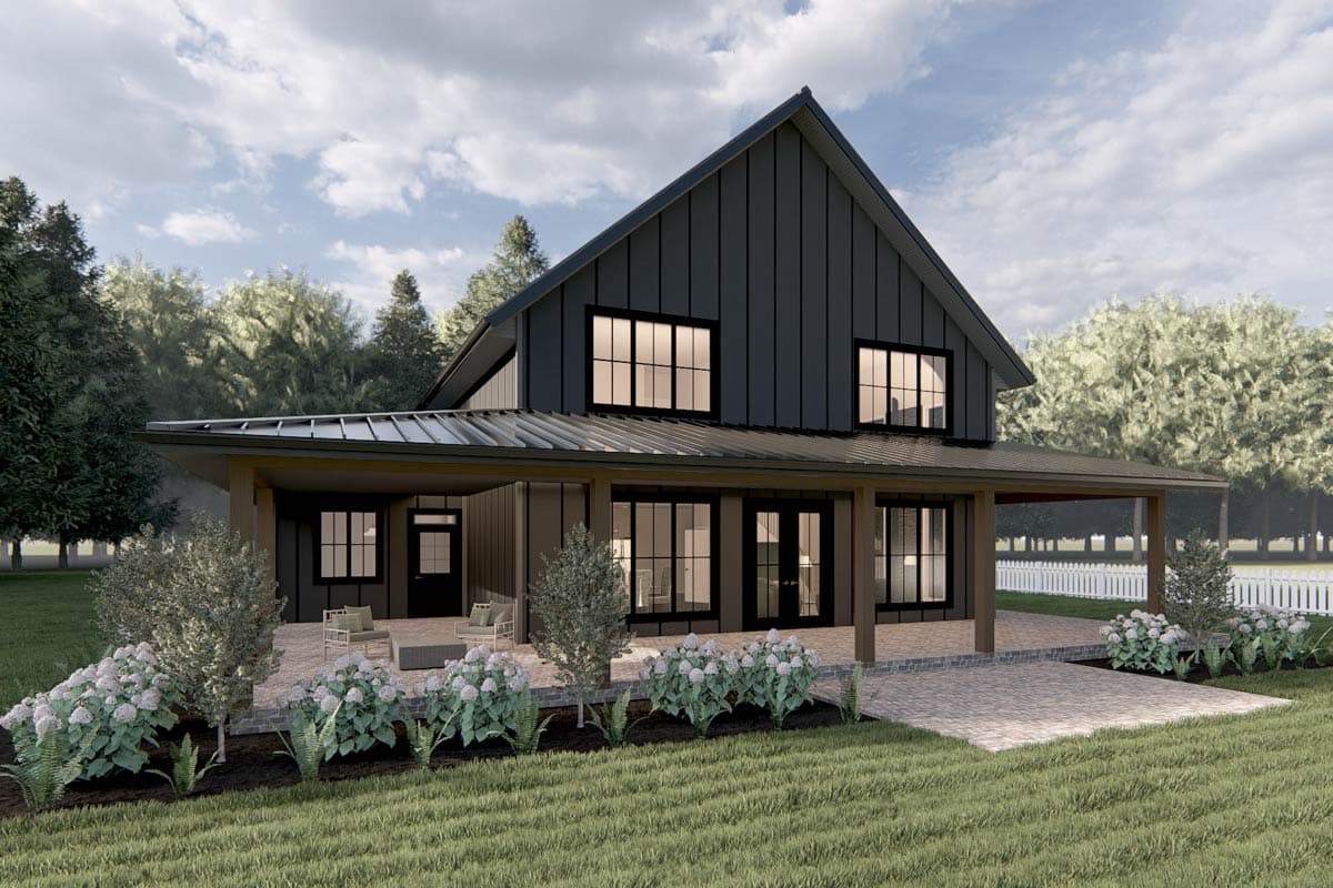House plan exterior. Two-story Modern Farmhouse with a gabled roof, a large covered porch, and black vertical siding.