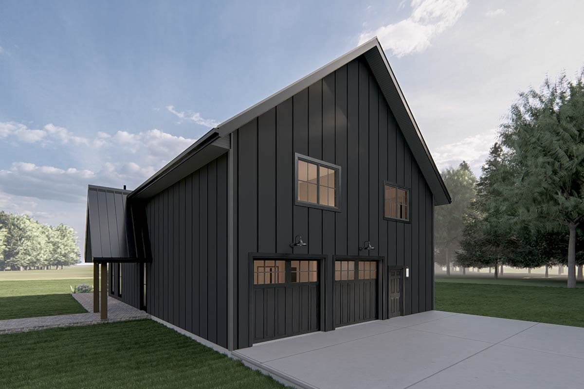 Modern Farmhouse house plan exterior with dark vertical siding, two garage doors, and a prominent gable roofline.