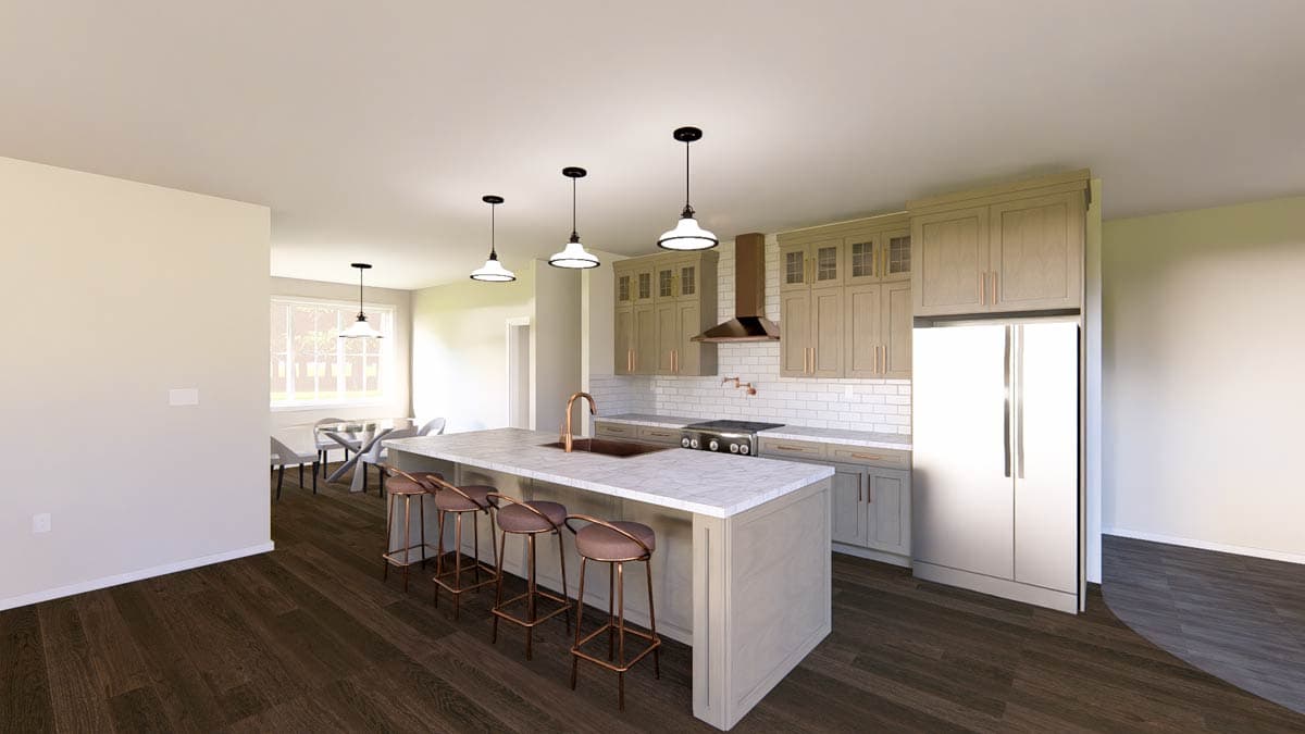 Kitchen with island, bar stools, subway tile backsplash, stainless steel appliances, and pendant lighting.