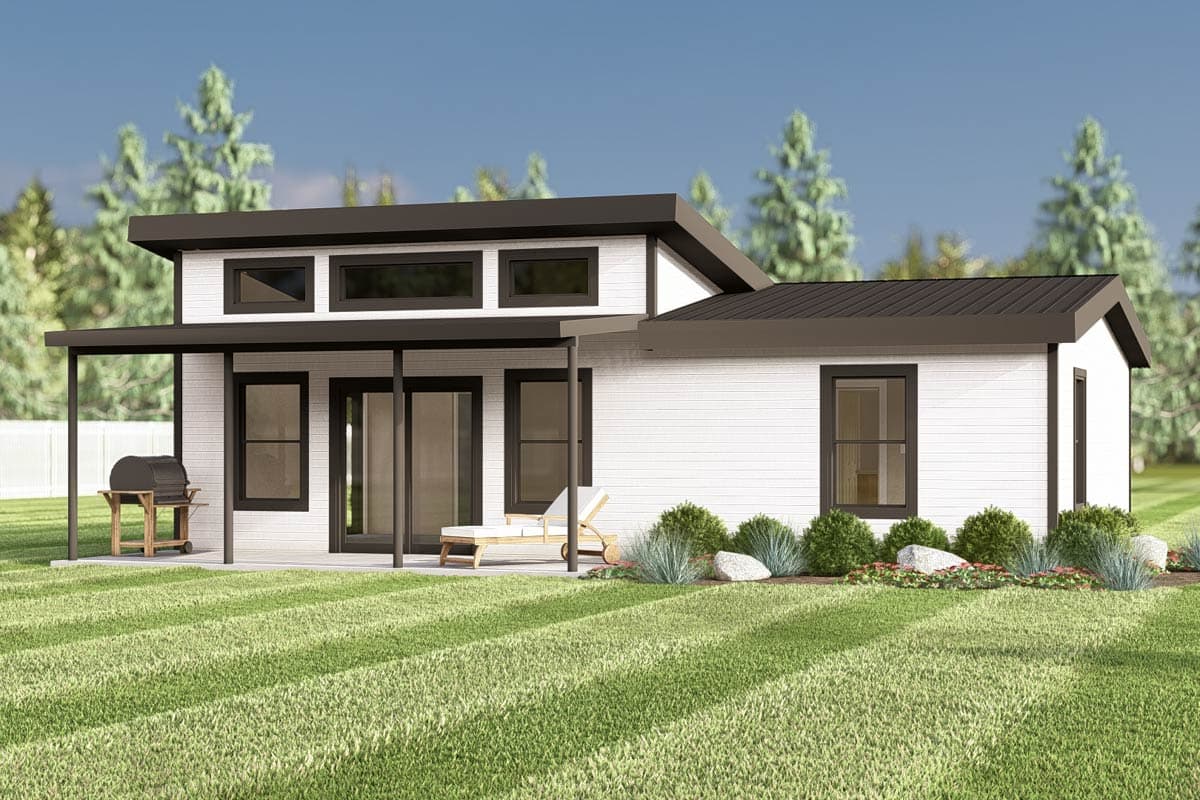 House plan exterior with modern style, featuring a flat roof, covered porch, and horizontal siding. Includes large windows and dark trim.