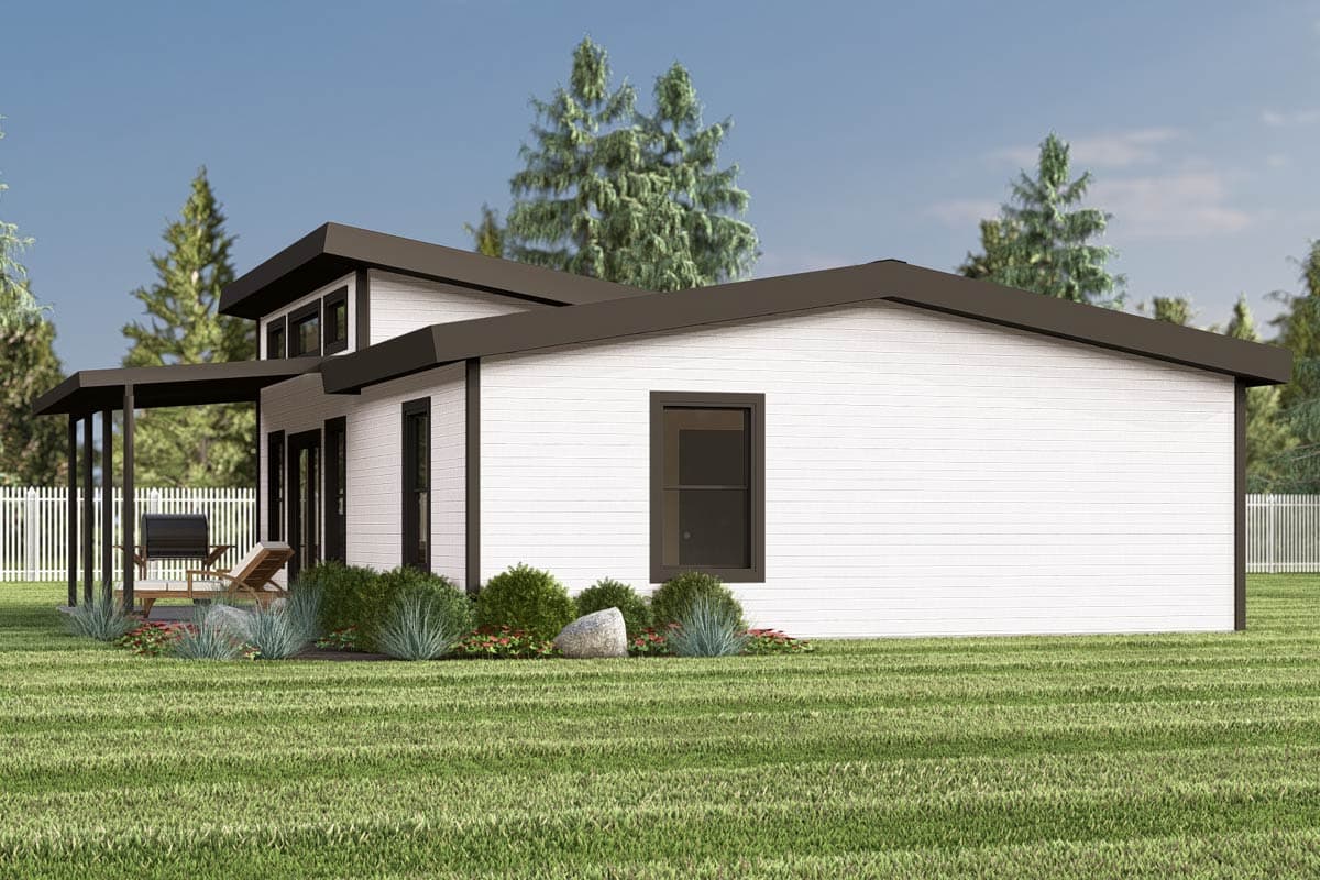 Modern house plan exterior with pitched roof, horizontal siding, covered porch with columns, and large windows.
