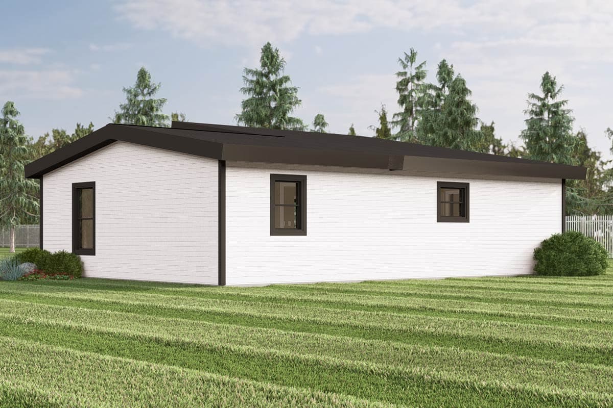House plan exterior, single-story modern design with horizontal siding, dark trim windows, and a low-pitch gable roof.