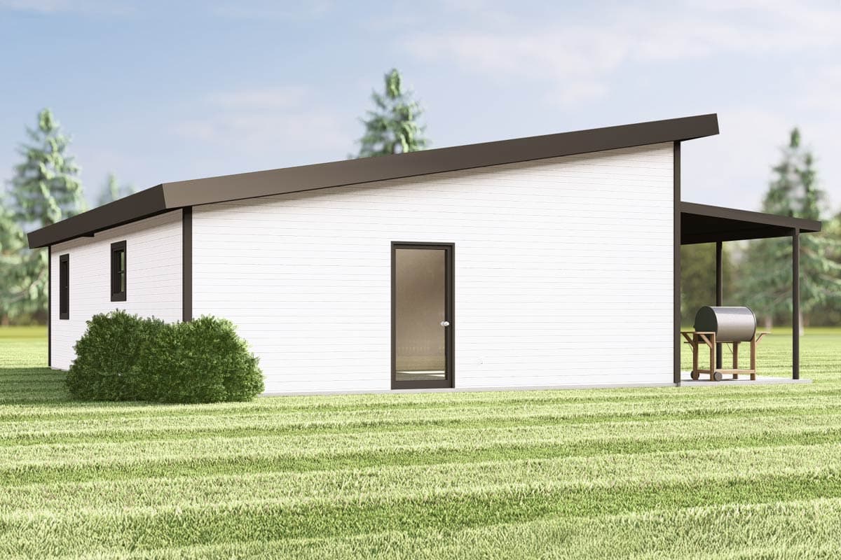 Modern single-story house plan exterior with a shed roof, white horizontal siding, and an attached covered patio with a grill.