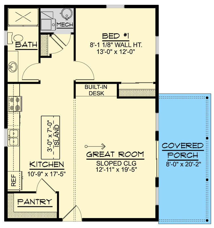 Plan 135351GRA: 1-Bed Contemporary ADU House Plan Under 900 Sq Ft - Floor Plan - Main Level - Contemporary