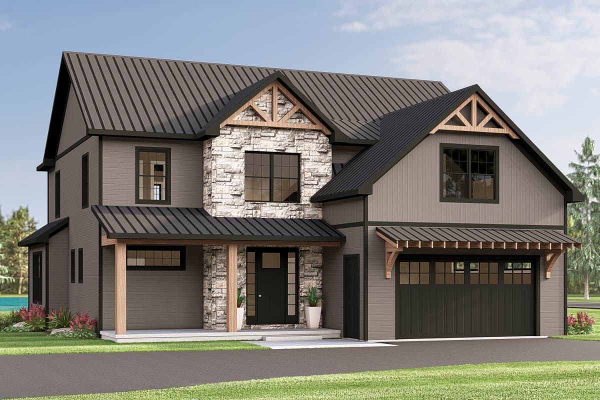 House plan exterior featuring a two-story Modern Farmhouse design. Stone accents, gable roof, and a front-entry porch are prominent features.