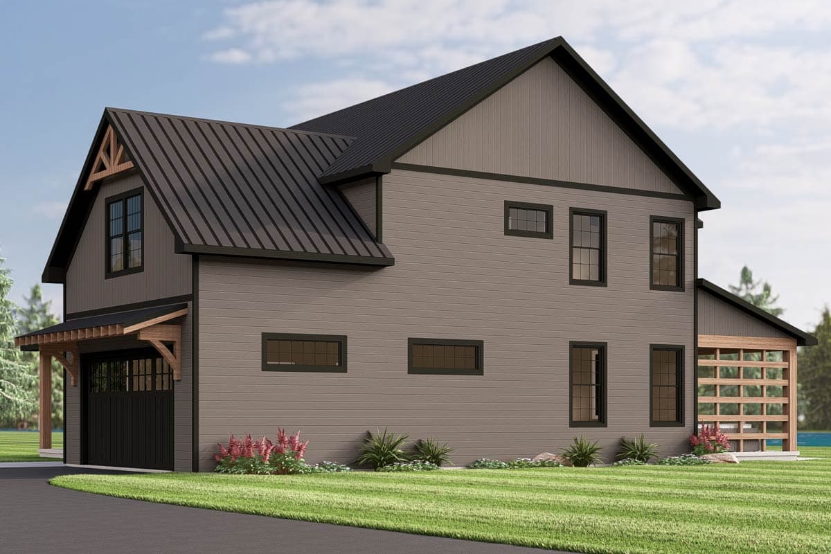 Modern farmhouse house plan exterior with metal roof, two stories, prominent gable, and attached garage with wood beam details.