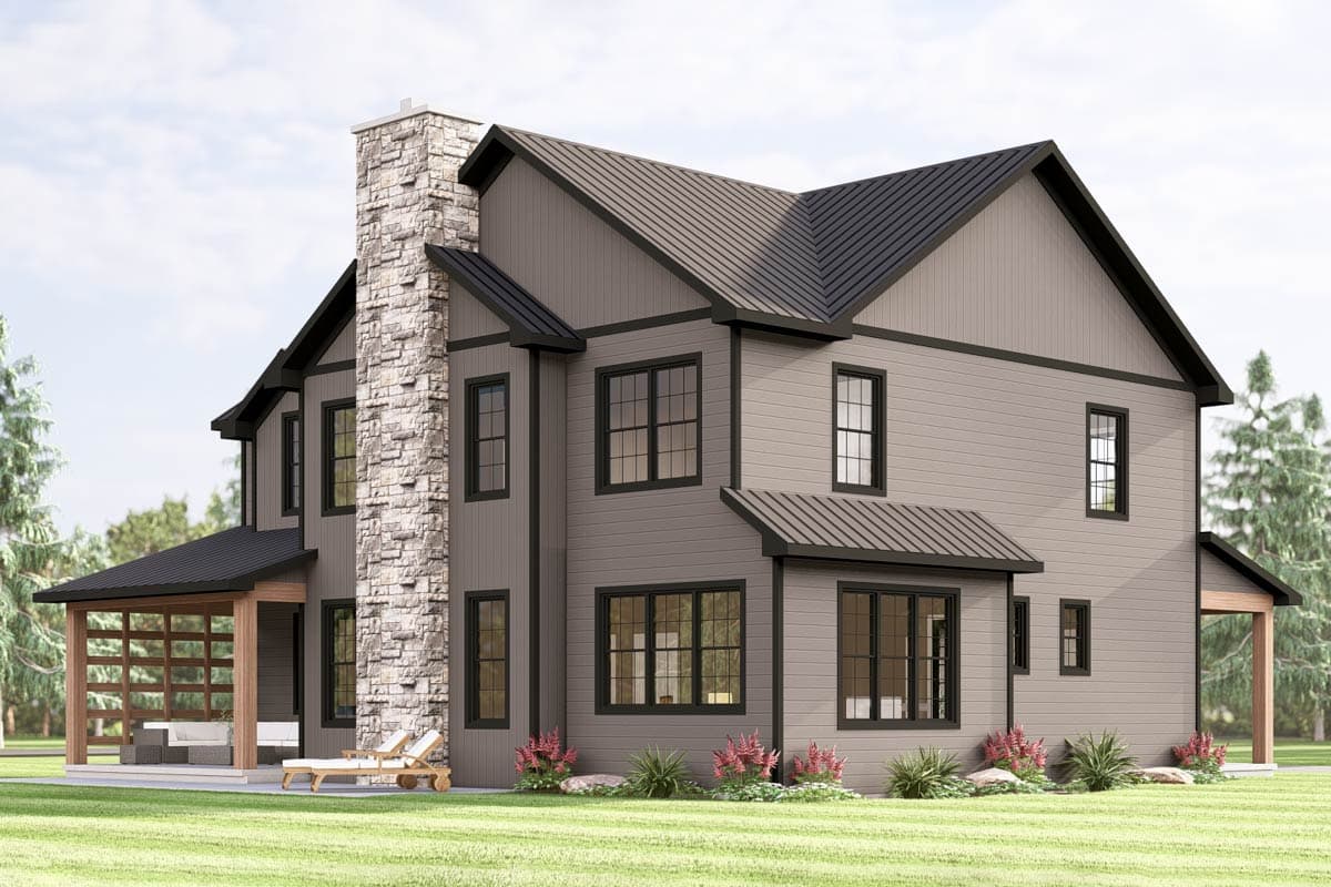 House plan exterior: Two-story Modern Farmhouse with prominent stone chimney, gabled roof, and covered porch with wood accents.