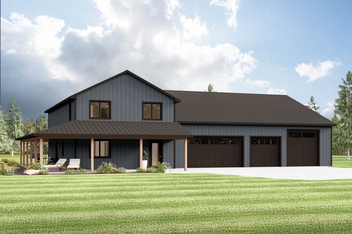 House plan exterior with board and batten siding, metal roof, covered porch, and attached three-car garage.