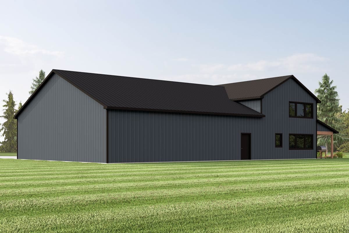 House plan exterior with vertical metal siding, gabled roof, and multiple windows. Features a covered porch area.